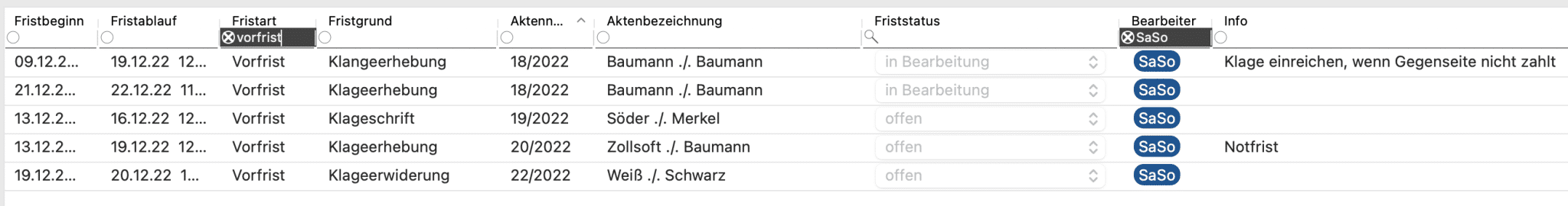 Kanzlaw Handbuch Termine Fristenliste Filterung 1